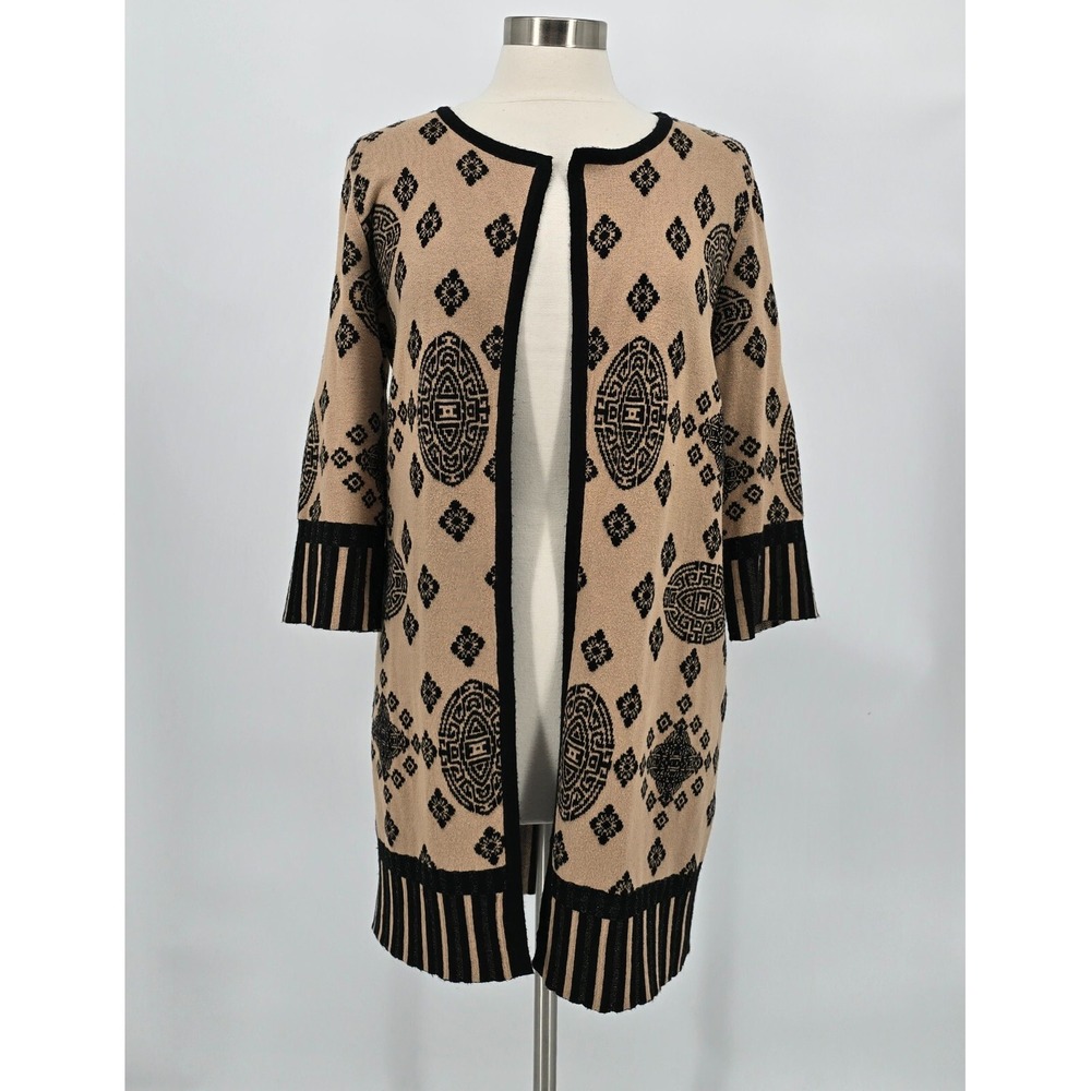 Chico's Cardigan Women 0 Medium Camel Black Duster Open Front Geometric Career